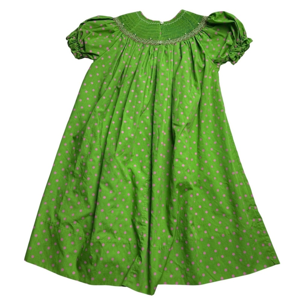 Rosalina Collection Kids Green Pink Polka Dot Smocked Cow Dress 6Y Easter Church - Picture 3 of 6